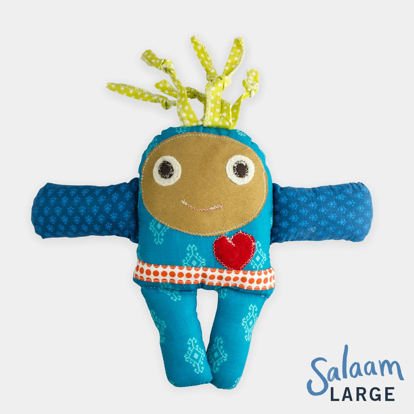 adorable children kids gift doll collectible hand knit by Israeli Jew and Palestinian Arab Women large salaam blue doll