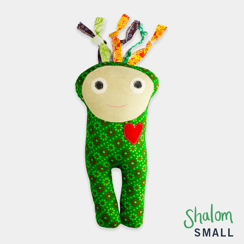 adorable children kids gift doll collectible hand knit by Israeli Jew and Palestinian Arab Women green shalom small doll