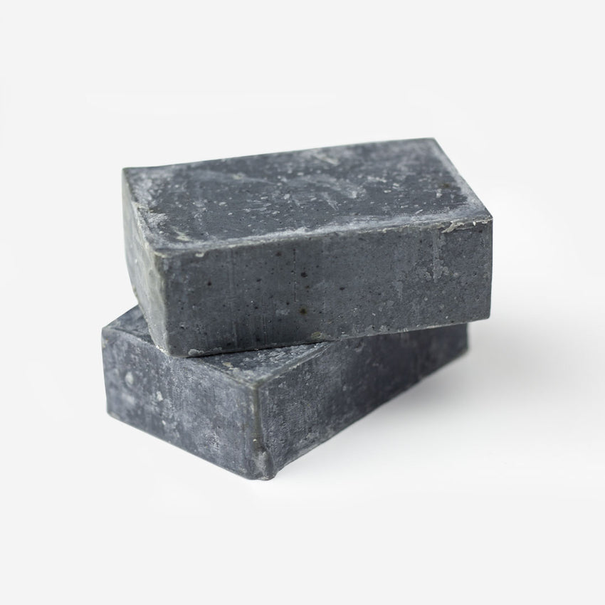 Lemongrass infused Charcoal Olive Oil soap made by refugees in Iraq stack