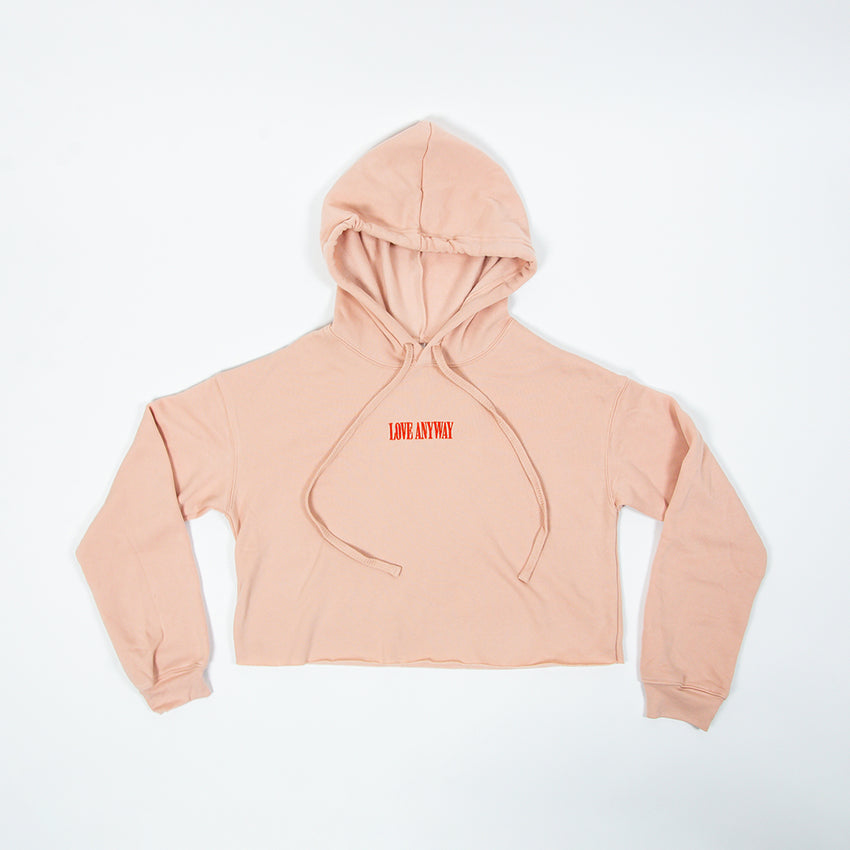 "Love Anyway" Embroidered Crop Top Hoodie, Peach